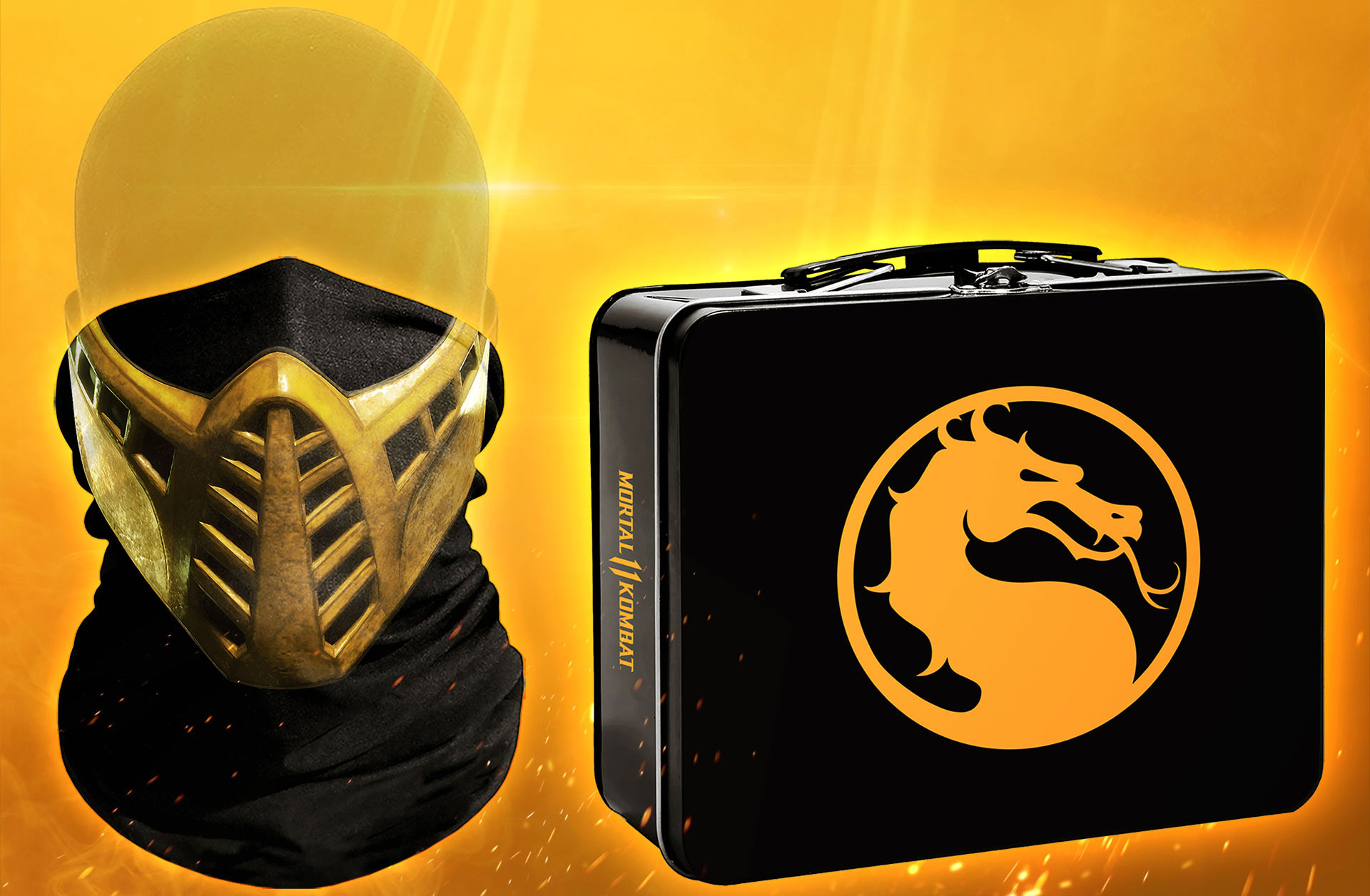 New World Group Scorpion Face mask and custom metal lunchbox for video game promo